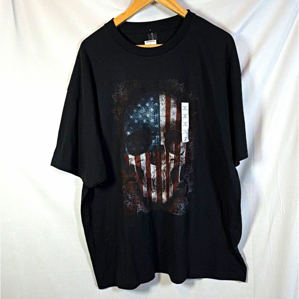 Kohls Men’s T-Shirt Black Skull American Flag Graphic Crew Neck Short Sleeve 3XL